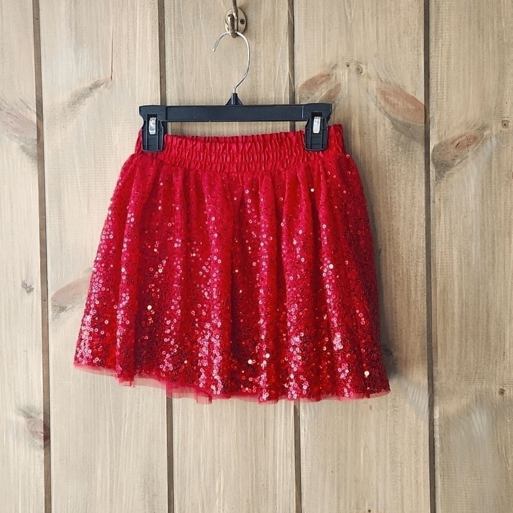 Cat & Jack Skirt Girls Sz M 7-8 Red A-Line Sequin Tulle Elastic Waist Pull-On